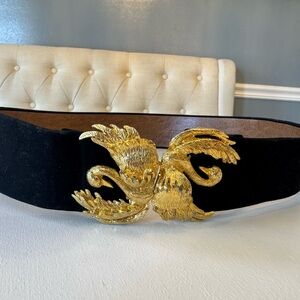 Vintage Black Suede Waist Belt with Swan Buckle